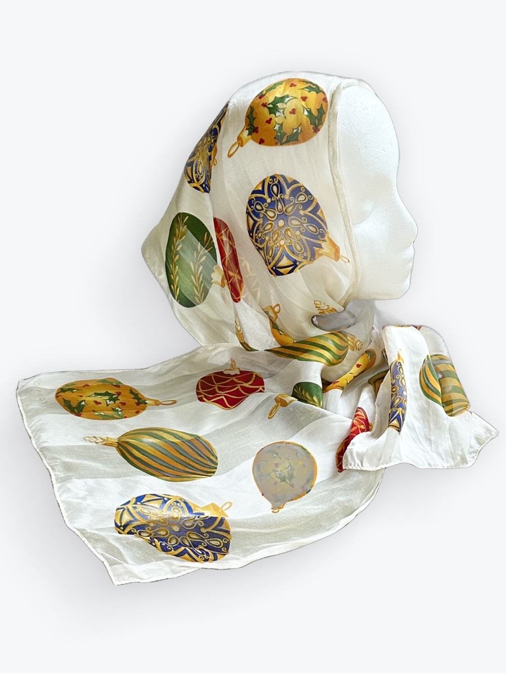 Silk Festive Christmas Ornament Motif Rectangular Scarf - Gold, Green, Red, Blue